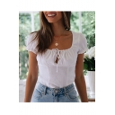 Womens Retro Puff Sleeve Tied Scoop Neck White Linen Blouse Top
