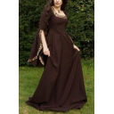 Womens Vintage Cosplay Costume Square Neck Split Bell Sleeve Brown Maxi Fit and Flared Swing Dress