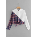Hot Fashion Plaids Pattern Long Sleeves Pullover Cropped Drawstring Hoodie
