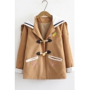 Navy Collar Embroidered Rabbit Ear Hooded Wool Duffle Coat for Students