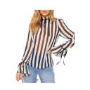 New Trendy Sexy Striped Printed Stand Collar Tied Bell Sleeve Sheer Patch Loose Chiffon Shirt