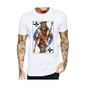 Mens Unique Creative Poker Printed Short Sleeve Round Neck Casual White T-Shirt