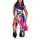 Womens Popular Tie-Dye Multicolor Print Patterns Cap Sleeve Round Neck Tops Bow High Waist Workout Pants Co-ords