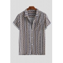 Summer Trendy Vintage Geometric Pattern Button Up Short Sleeve Loose Casual Shirt
