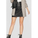 Female Fancy Zip-Front Embellished PU Leather Black A-Line Skirt