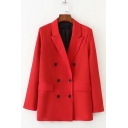 Women's Officer Notched Lapel Double-Breasted Flap Pocket Red Oversized Blazer
