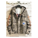 Mens Fashion Camo Letter Pattern Long Sleeve Zip Up Hooded Loose Casual Workwear Jacket Coat