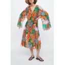 Womens Summer V-Neck Split Sleeve Floral Print Loose Shift Maxi Dress