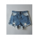 Summer Hot Fashion Colorblock Patchwork Ripped Tassel Hem Holiday Denim Shorts
