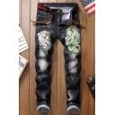 Men's New Fashion Cool Dragon Tiger Embroidery Pattern Dark Grey Regular Fit Casual Ripped Jeans