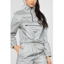 Stylish Long Sleeve Stand Collar Zip Embellished Drawstring Hem Reflective light Sweatshirt