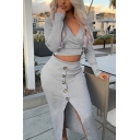 Fashion Long Sleeve V Neck T Shirt with High Waist Button Down Slit Front Midi Skirt Grey Sexy Two Piece Set