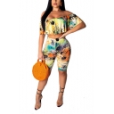 Summer Trendy Tropical Printed Ruffled Off the Shoulder Crop Top with Half Shorts Two-Piece Set