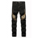 Men's Hot Fashion Wing Embroidered Pattern Street Trendy Distressed Ripped Jeans