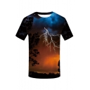 Mens Short Sleeve Round Neck 3D Lightning Printed Casual T Shirt