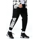 New Arrival Stylish Letter Printed Double Flap Pocket Side Gathered Cuffs Mens Trendy Casual Cargo Pants