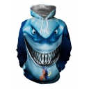 New Fashion Cartoon Shark 3D Printed Long Sleeve Casual Loose Fit Blue Drawstring Hoodie