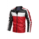 Mens Hot Fashion Colorblock Print Long Sleeve Stand-Collar Zip Up Casual Leather Jacket