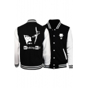 Fashionable Comic Letter BREAKING BAD Printed Stand Collar Long Sleeve Button Down Black Baseball Jacket