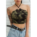 Summer Hot Stylish Camouflage Print Halter Neck Sleeveless Sexy Green Cropped Tee