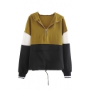 Simple Color Block Half-Zip Closure Hooded Drawstring Hem Anorak Short Jacket