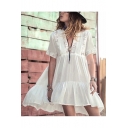 Beach Style V-Neck Short Sleeve Floral Printed Beach Cover Up White Mini Swing Dress