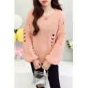 Womens Cool Plain Pearl Shredded Round Neck Bloomer Sleeve Sweater