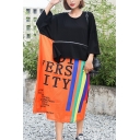 New Trend 3/4 Length Sleeve Round Neck Letter Multi Striped Panelled Zip Loose Casual Shift Maxi Dress