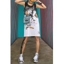 Fashion Street Style Round Neck Sleeveless Colorful Hip-Hop Graffiti Print Letter Loose Midi Shift Tank Dress