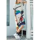 New Fashion Round Neck Short Sleeve Color Block Letter Graffiti Print Loose High Low Shift T-Shirt Dress