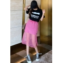 Pink Drawstring Waist Sheer Mesh Patch Split Side Chic Midi Skirt