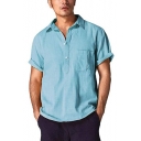 Plain Rolled Sleeve Stand Collar Pocket Front Casual Loose Linen Cotton Shirt