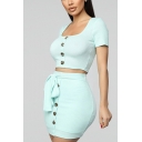 Light Blue Simple Plain Scoop Neck Crop Tee with Mini Bodycon Skirt Button Down Knitted Co-ords