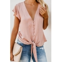 Womens New Stylish Simple Plain V-Neck Ruffled Short Sleeve Button Front Knotted Hem Chiffon Blouse Top