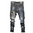 Men's New Fashion Floral Bird Embroidered Black Stretched Regular Fit Washed Ripped Jeans