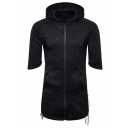 Men's New Fashion Simple Plain Crisscross Side Shorts Sleeve Longline Zip Up Hoodie