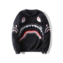 Cute Cartoon Shark Printed Black Long Sleeve Round Neck Casual Plush Pullover Sweatshirts