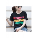 Summer New Stylish SOOTHING SUMMER Letter Tropical Printed Round Neck Short Sleeve Black T-Shirt