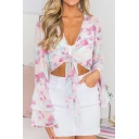 Fashion Pink Floral Printed Sexy Plunging Neck Knotted Hem Cropped Chiffon Blouse Top