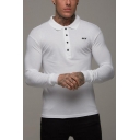 Mens Vintage Long Sleeve Button Collar Letter Logo Slim Fitted Polo T Shirt