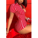 New Stylish Red Vertical Striped Printed Short Sleeve High Waist Bodycon Rompers