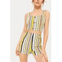 Summer Fashion Yellow Stripe Printed Button Crop Cami with Leisure Shorts Two-Piece Set