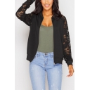 Womens Fashion Black Hollow Lace Panel Long Sleeve Zip Up Jacket