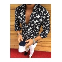Summer Fashionable Butterfly Pattern Long Sleeve Lapel Collar Button-Up Shirt for Men