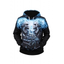 Men's New Fashion Blue Fire Skull 3D Printed Long Sleeve Black Pullover Drawstring Hoodie