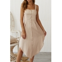 Womens Plain Sleeveless Button Front Asymmetrical Strap Dress