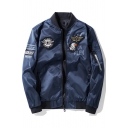 Mens Cool Eagle Badge Patched Double-Faced Stand Collar Long Sleeve Zip Up Bomber Jacket