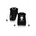 New Trendy Fashion Storm Area Alien Printed Stand Collar Button Front Varsity Jacket