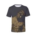 New Trendy Classic Thug Life Muscle Figure Printed Round Neck Short Sleeve Grey Tee