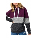 New Fashion Half-Zip Front Color Block Long Sleeve Hoodie with Pocket
